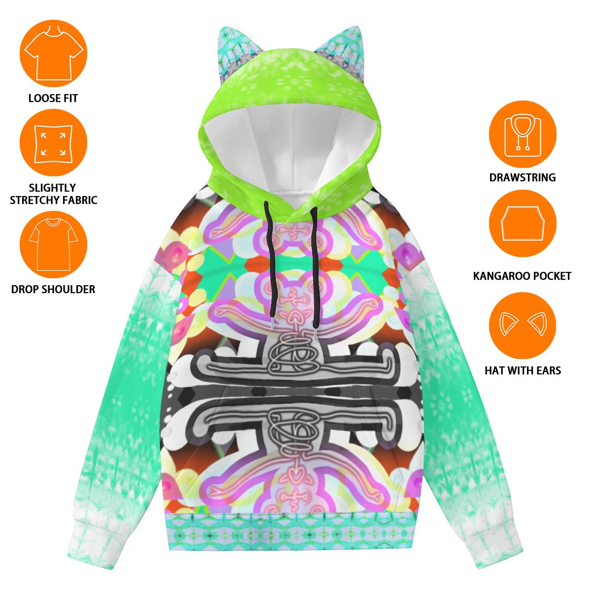 Tie-Dye, Skeleton Bear Hoodie With Pointy Ears