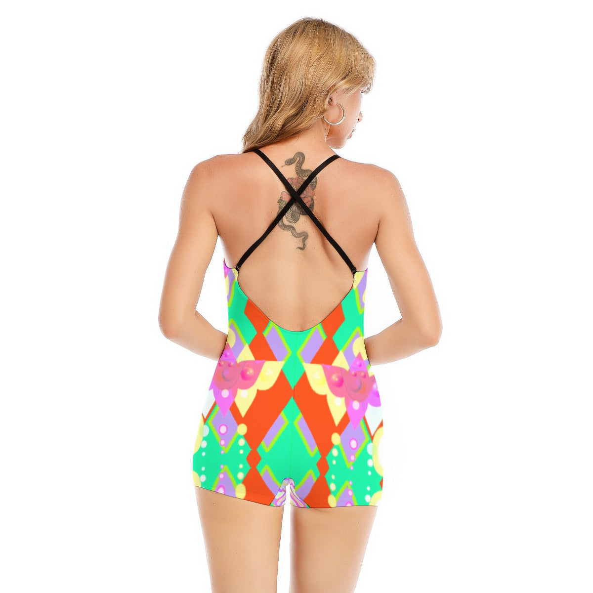 All-Over Print Women's Backless Romper With Black Straps