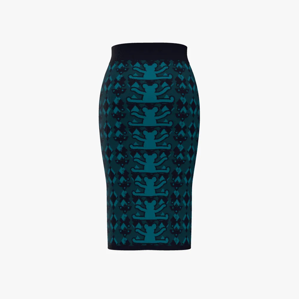 Knitted Pencil Skirt - Extrafine Merino Wool in Abyss Colorway w/ Bear Design
