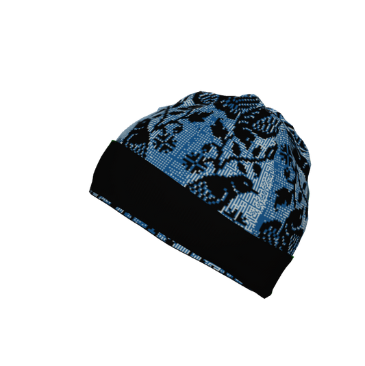 Cross-stitch birds Blue and Black Knitted Beanie