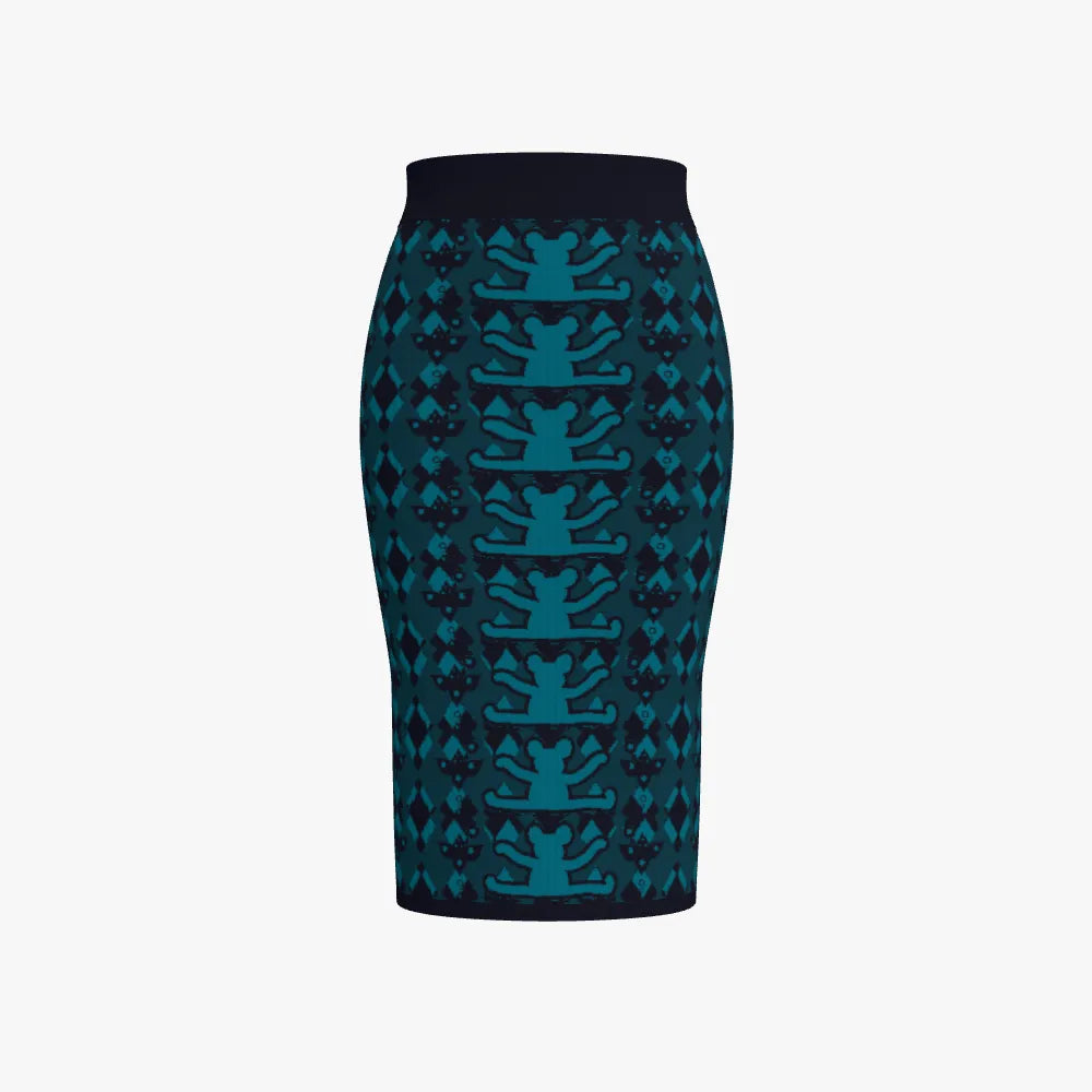 Knitted Pencil Skirt - Extrafine Merino Wool in Abyss Colorway w/ Bear Design