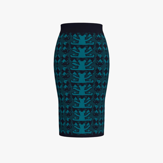 Knitted Pencil Skirt - Extrafine Merino Wool in Abyss Colorway w/ Bear Design